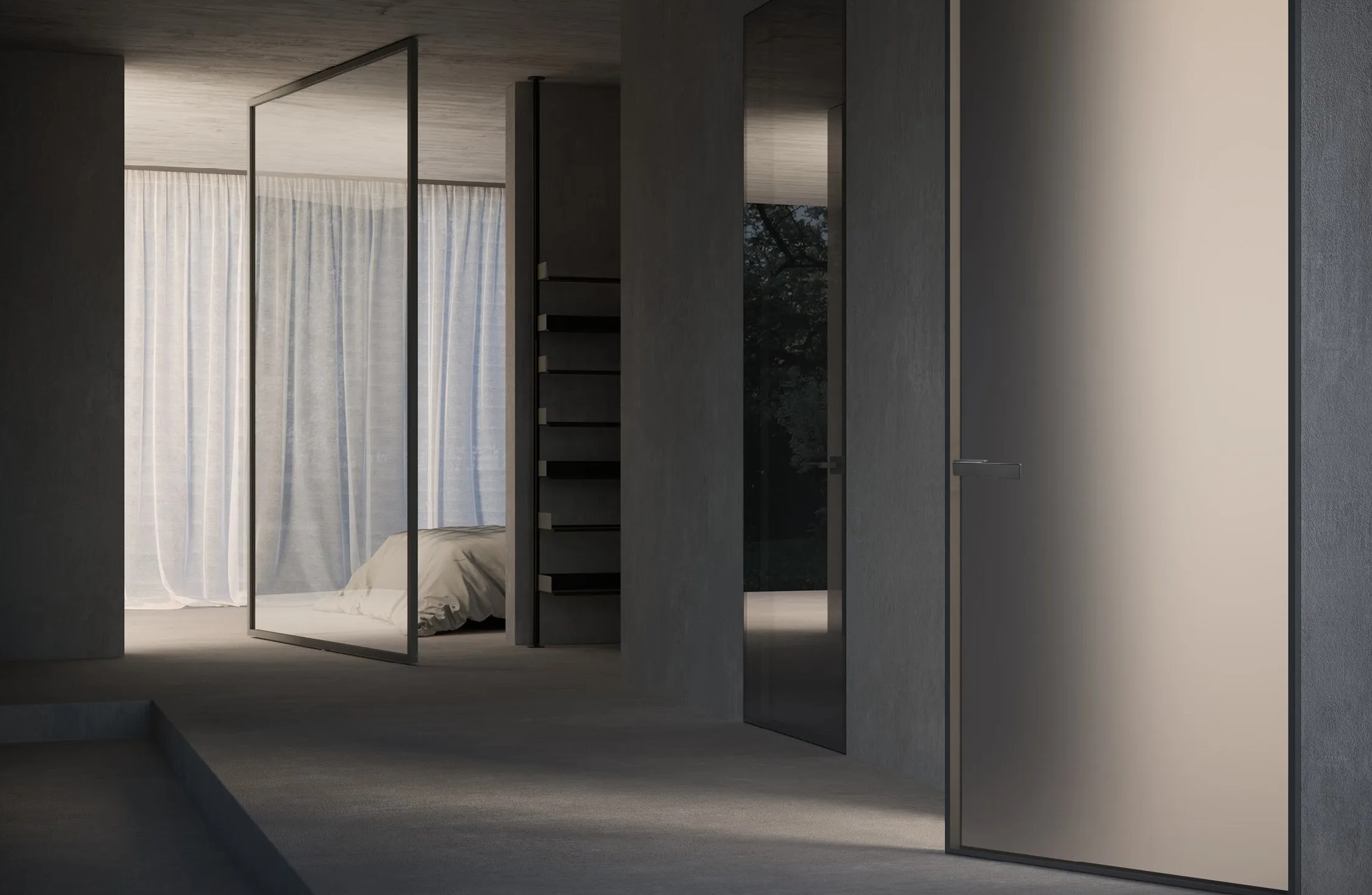 Flush bathroom doorway with a translucent full-height door