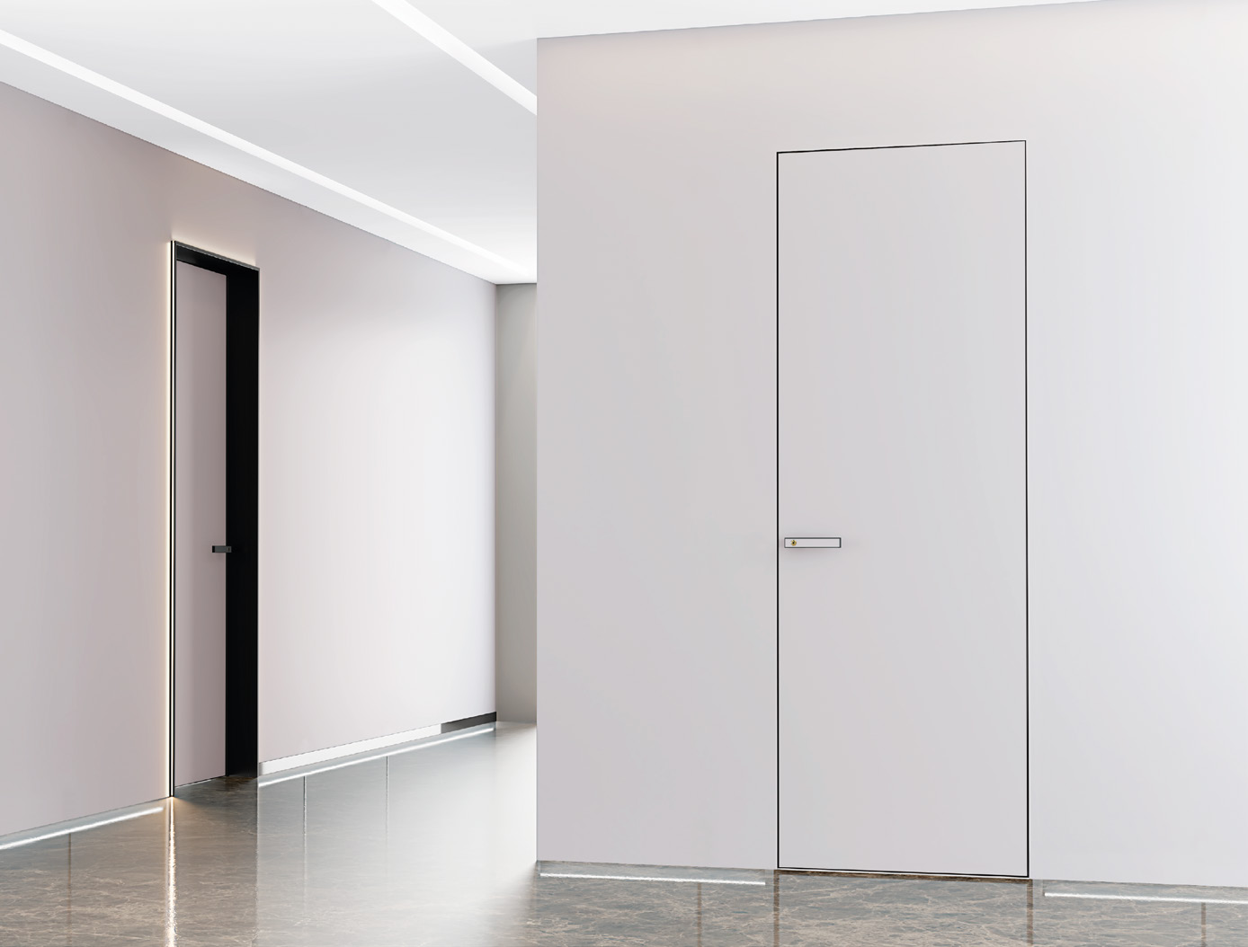 White plaster-ready invisible door flush with a curved wall