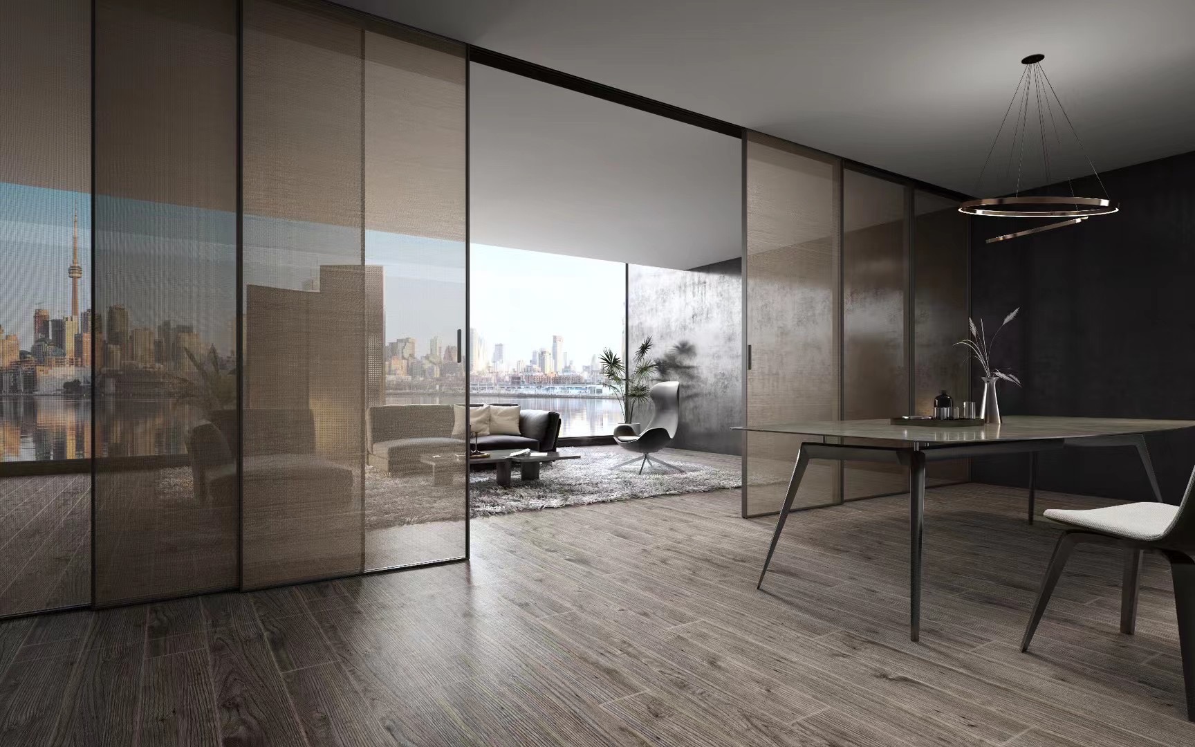 Multi-panel translucent sliding partition across a dining room