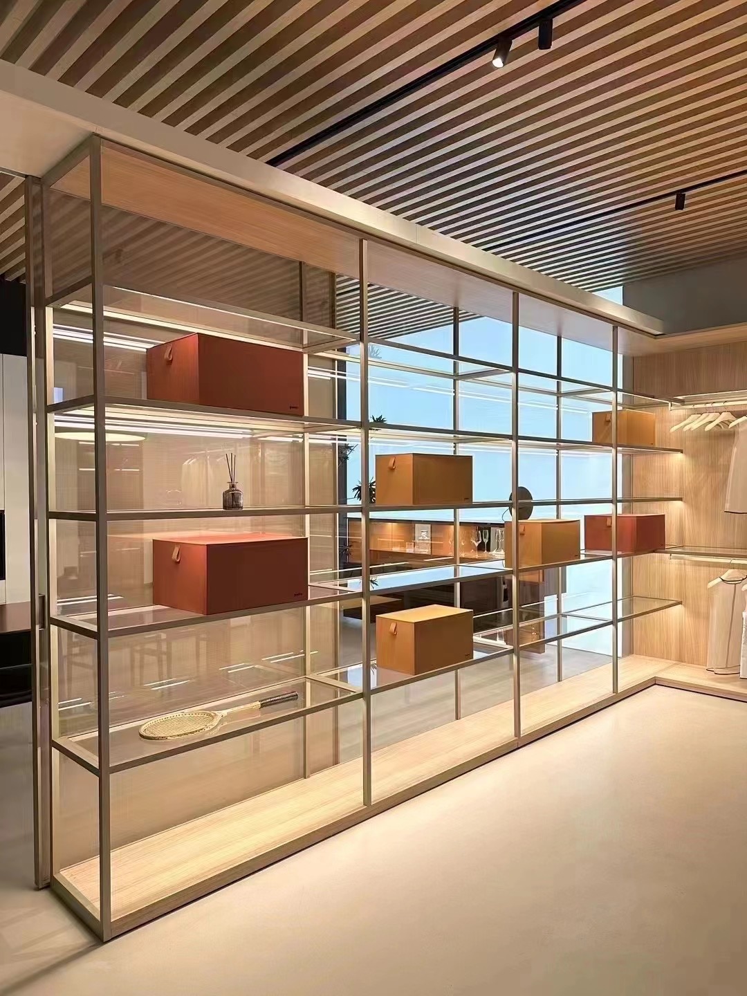 Bronze framed glass wardrobe and display wall
