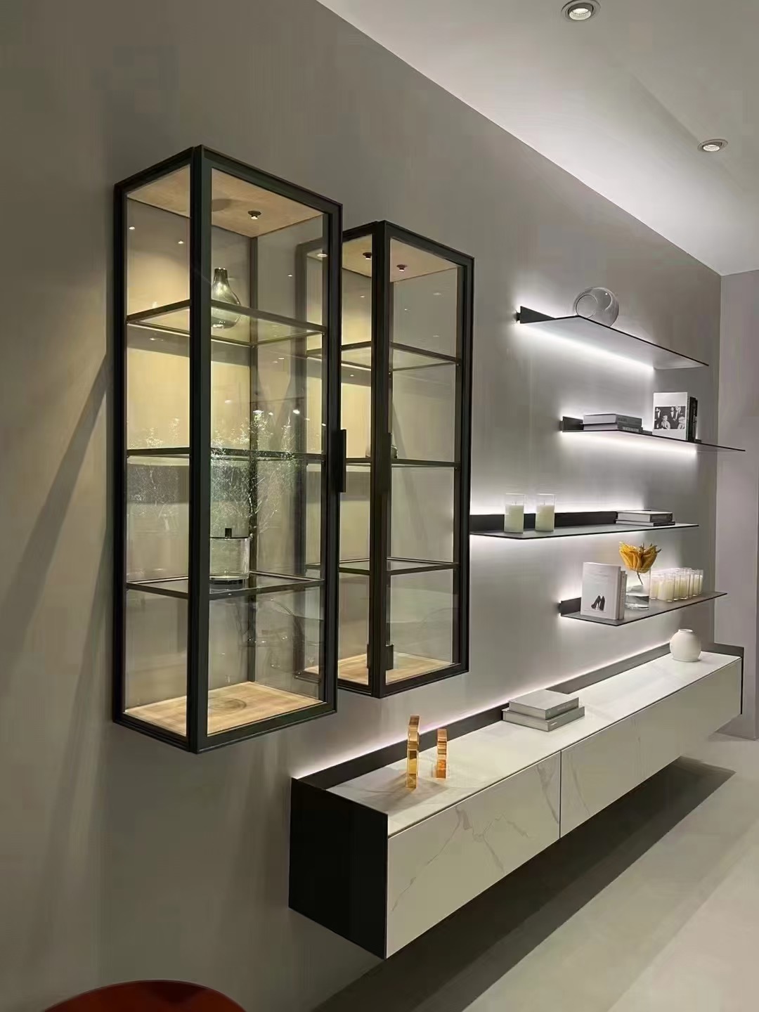 Pair of wall-mounted illuminated glass cabinets