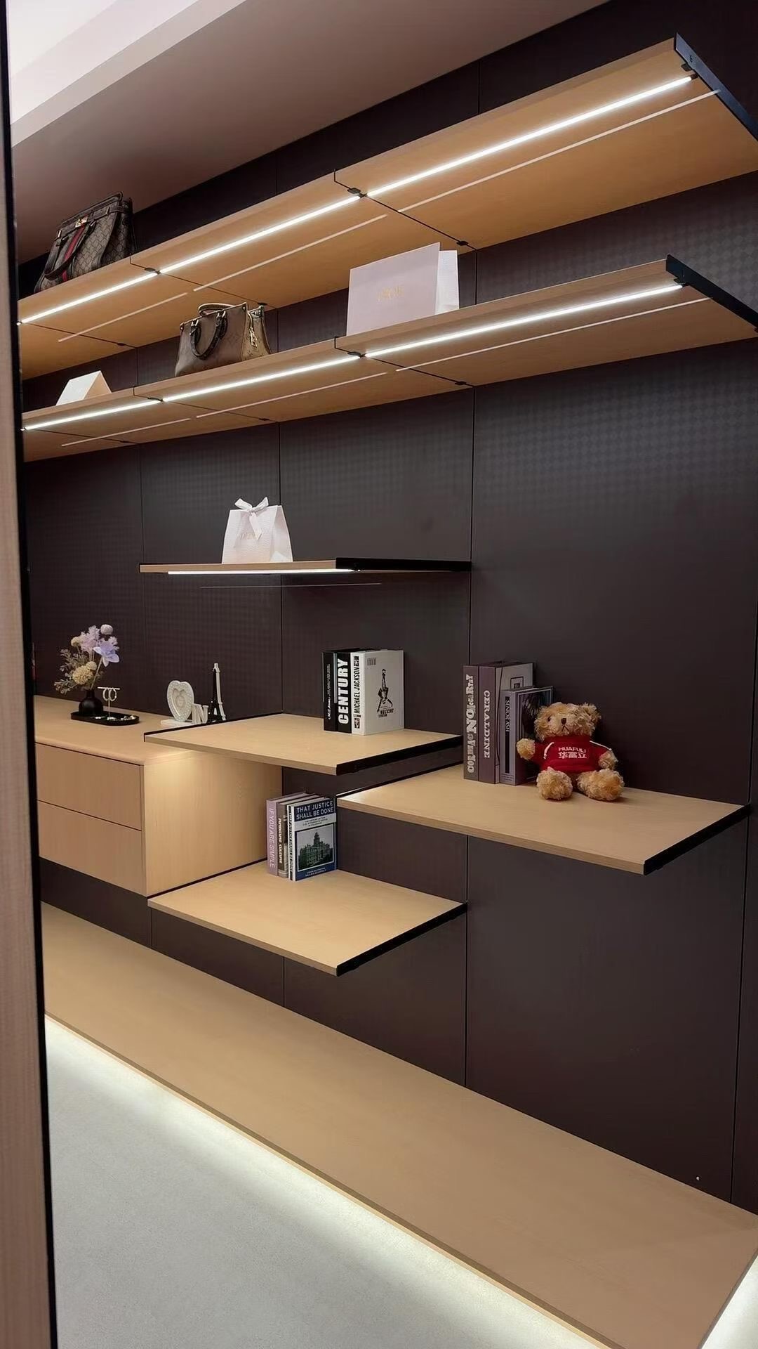 Floating wall shelves and drawers with integrated lighting
