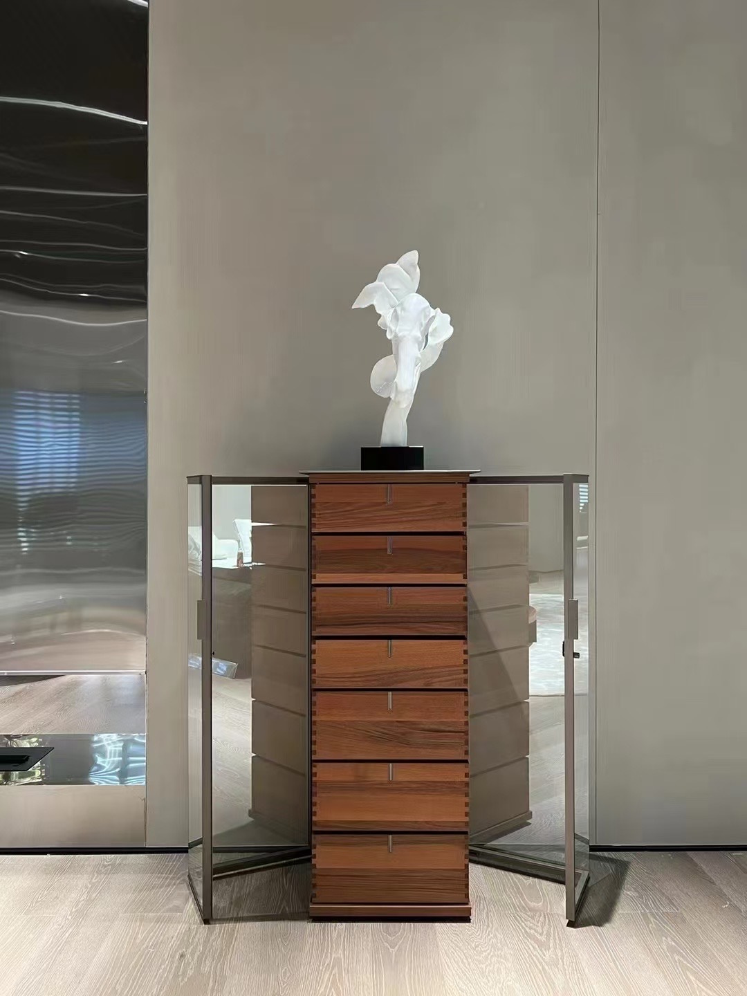 Tall timber drawer tower with glass side doors
