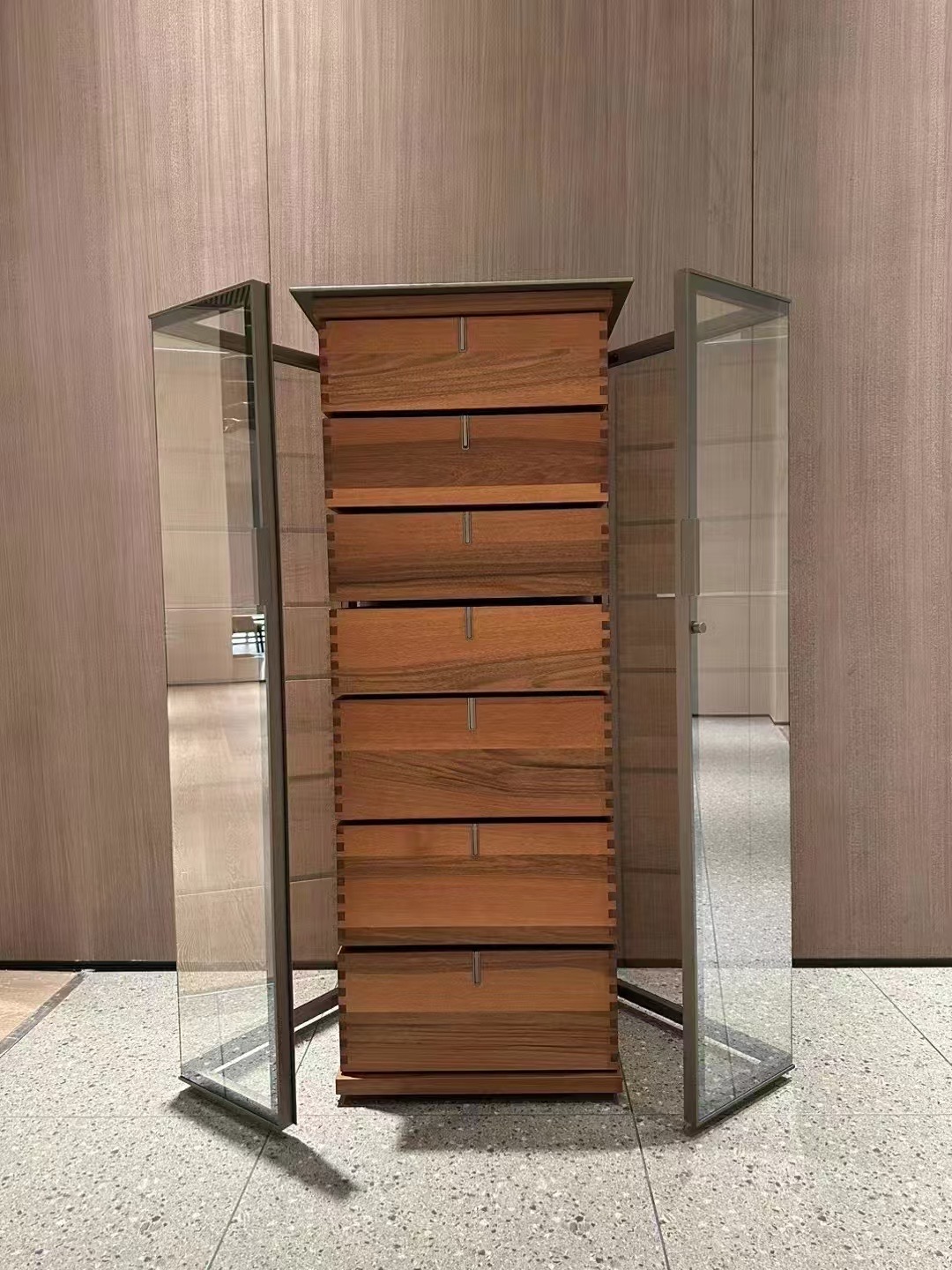 Freestanding drawer tower with glass doors open