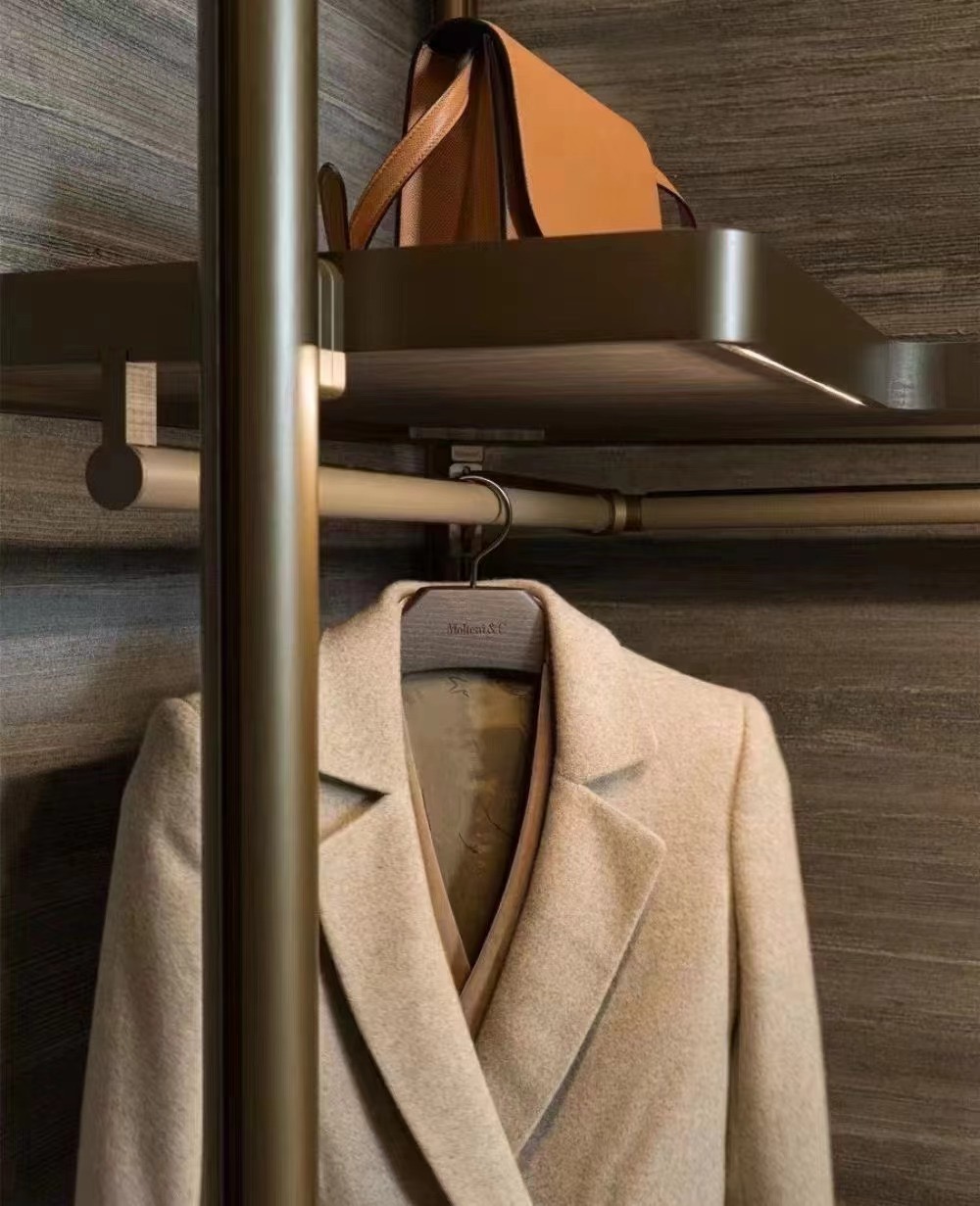 Close view of wardrobe rail and upper storage tray