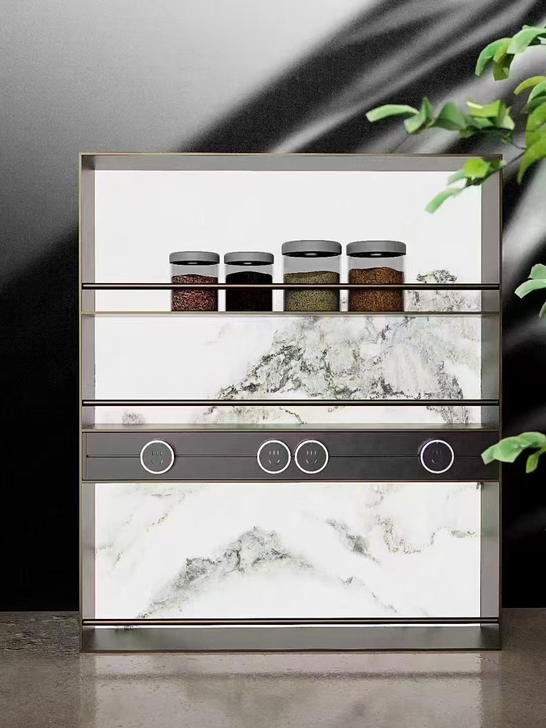Illuminated compact storage cabinet with outlets and shelves