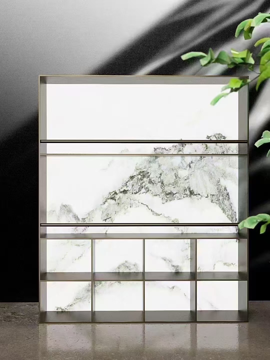 Illuminated display cabinet with translucent landscape panel